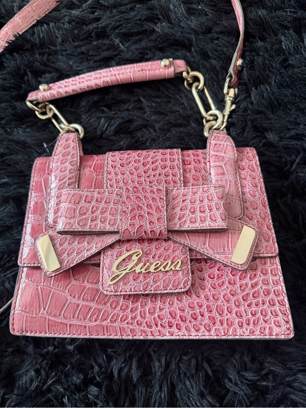 GUESS Pink Croc-Embossed Bow Satchel with Gold Hardware
